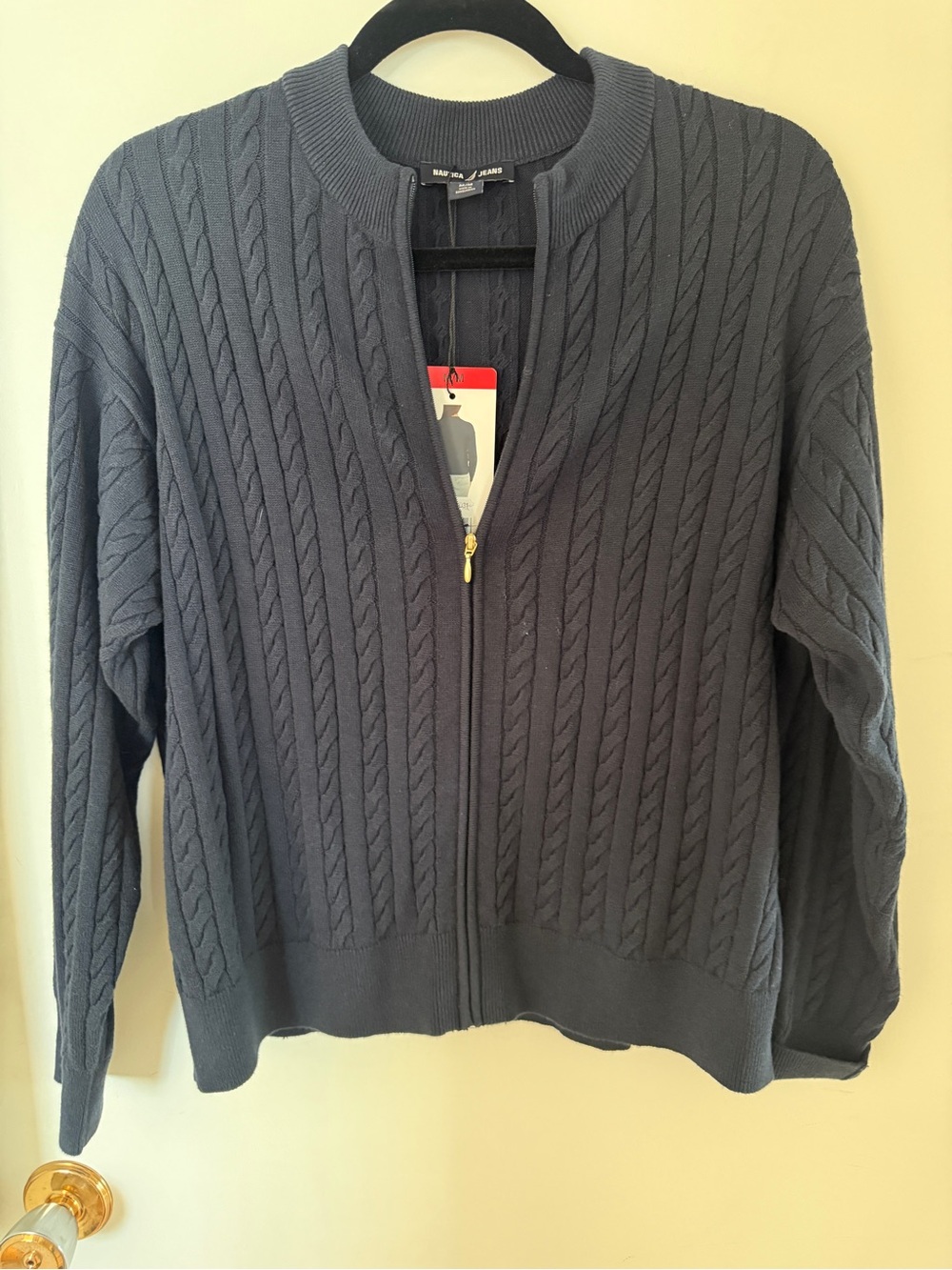 Nautica Jeans Navy Cable Knit Zip Cardigan Sweater Cotton Blend M NWT